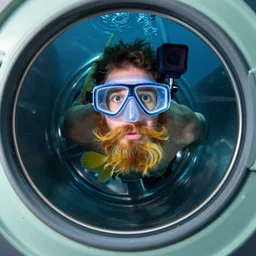 tiny bearded mullet man snorkeling inside washing machine, gopro still, detailed, 4k