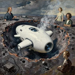 white dream bot mothership crashed in the crater of pelt and carbon. painting by max ernst, agnes pelton, rene magritte, moebius