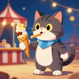 Cat handing out sno-cones at a circus, digital art, trending on art station