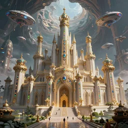 highly detailed ornate with jewels and precious metals majestic in the entrance castle kingdom of shambala, space ships, futuristic, land of advanced races, giant, hollow earth infographic, hiperrealistc, global illumination, radiant light, detailed and intricate environment, trending on artstation, art by oleg oprisco, 8 k