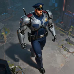 character design policeman, concept art character, very high angle view, one arm of the robot body,  book cover, very attractive man with beard, walking in cyberpunk valley highly detailed full body, strong masculine features, sturdy body, command presence, policeman!!, royalty, smooth, sharp focus, organic, appealing, deep shadows