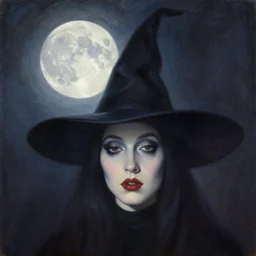 surrealism, abstract, witch, portrait, close - up, make up, full big moon, painting by gaston bussiere, soft light