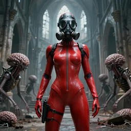 big budget scifi movie set in postapocalyptic world with alien brainsuckers sexy female cyborg in red rubber and gas mask in ruins of church