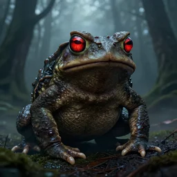 giant evil monsterous slimy toad in the dark forest, glowing red eyes, slimy toads, foggy, atmospheric, highly detailed, hyperrealistic, gothic horror, trending on artstation, digital art, dark fantasy