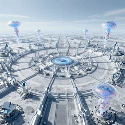 epic wide angle view of the flat earth and dome firmament, vast circular mathematical landscape, cristalline monolithic structures on the ground, giant bioluminescent jelly fishes levitating, and sun and moon rotating above the ground in a circular motion by marc simonetti and victo ngay, dynamic lighting, glow, trending artstation, octane rendering, unreal 5, realistic, high definition, digital art, hdri