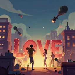 photograph of a city of love, bombs are falling from the sky, in the style of heartstone game
