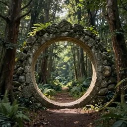 fantasy magical fairytale portal in the forest round stone portal teleport in trees to other worlds fantastic landscape, by greg rutkowski
