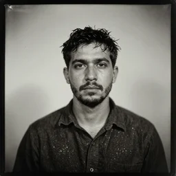 a wet-collodion portrait of a man behind a white backdrop, spot-lighting, depth of field, high contrast