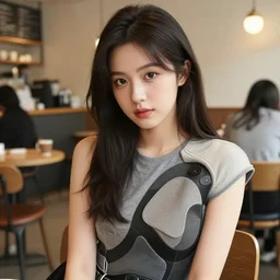 beautiful!!!!! young adult woman in a cozy coffee shop staring seductively at the lens wearing an avant garde outfit designed by zaha hadid, close up, natural lighting, 5 0 mm