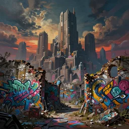 beautiful matte painting street art fantasy ruins skyline background painted, intricate, volumetric lighting, beautiful, rich deep colors masterpiece, sharp focus, ultra detailed by