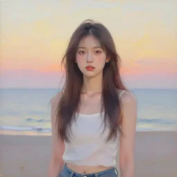 an influencer girl portrait, sunset, ocean in distance, oil painting, pale colors, high detail, 8 k, wide angle, trending on artstation,