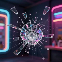 glass shattering in mid air, pieces of glass flying thru the air, slow motion, 4k, extremely detailed, neon color in background,