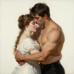an muscular man hugging a woman, fine painting, victorian