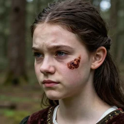 eighteen year old medieval girl, pretty but with a dark, blob - shaped brown birthmark covering one side of her face, pale, unhappy expression, photography, award - winning, close up, shallow depth of field, highly detailed, dark hair, realistic, forest background