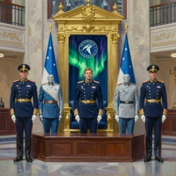 landscape portrait of the throneroom of the minnesota timberwolves, 1 8 8 9, in full military decoration, midnight blue, aurora green, lake blue, moonlight grey, oil on canvas by william sidney mount, trending on artstation