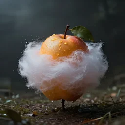 a dramatic photo of a fruit made of cotton candy. paint splashes. moody and melancholy.