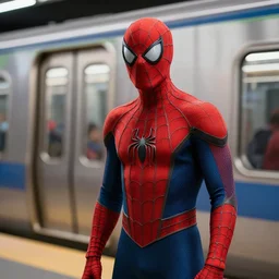 spiderman waiting for a train, highly detailed, high quality, hd, 4 k, 8 k, canon 3 0 0 mm, professional photographer, 4 0 mp, lifelike, top - rated, award winning, realistic, sharp, no blur, edited, corrected, trending