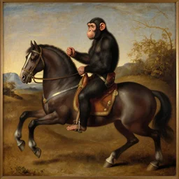 Renaissance era oil painting of a chimpanzee riding a horse
