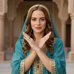 portrait of emma stone as princess jasmine in persian palace, by charlotte grimm, natural light, detailed face, beautiful crossed hands,, canon eos c 3 0 0, ƒ 1. 8, 3 5 mm, 8 k, medium - format print, half body shot
