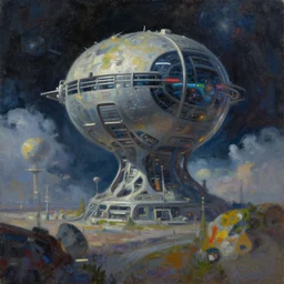 ! dream an oil panting of a futuristic space in the metaverse designed by frank gehru