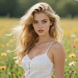 a beautiful cute girl with blue eyes and flowing blonde hair standing in a flower field, amazing detail, in the style of greg rutkowski, sexy