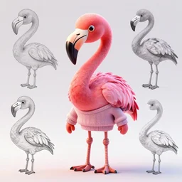 award - winning detailed concept art of a cute iconic anthropomorphic flamingo character wearing a sweater. art by wlop on bcy. net, realistic. detailed feathers, art by cheng yi. artstationhd, artgerm, 3 dcg, pixar zootopia. 3 d rendering, high quality model sheet, donald. model sheet detailed