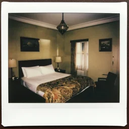 atmospheric polaroid photo of old hotel room