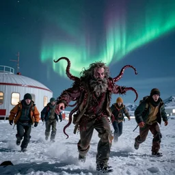 filmic extreme close up shot movie still 4 k uhd exterior shot 3 5 mm film color photograph of a terrifying bearded man with tentacles and blood chasing five scared people around mcmurdo station in antarctica at night with the northern lights lighting up the sky, only color images, in the style of the horror film the thing 1 9 8 2