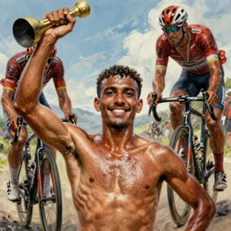 sweaty muscled north african man wins the tour de france while the attack titan finishes second, fantasy, high detail, elegant, digital painting, cinematic lighting, vibrant, intricate, textured skin, highly detailed, artstation, sharp, focus, HDR, unreal engine 5, breathtaking, illustration, Anna Dittmann, Ilya Kuvshinov, Nikolay Makovsky
