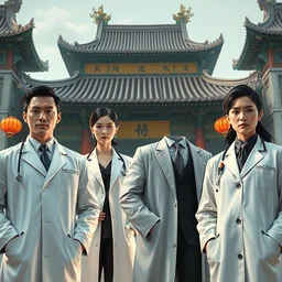 a poster of three elegant chinese doctors in white coats, cinematic, highly detailed, in front of a chinese building, artstation, concept art, matte, sharp focus, illustration, art by artgerm and greg rutkowski