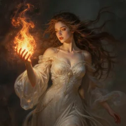 a celestial goddess casts a fire magical spell, windy floating hair!!, moody muted tones, surrealistic, seductive beauty! cinematic volumetric lights, full portrait, dnd, fantasy, intricate, elegant, highly detailed, digital painting, artstation, concept art, smooth, sharp focus, illustration, art by artgerm and tom bagshaw and greg rutkowski and alphonse mucha