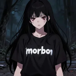 a anime girl with a t - shirt that says'morb'on, dark, scary, anime, cool