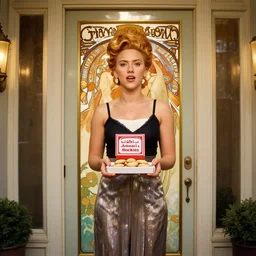 symmetrical, scarlett johansson at the front door trying to sell you girl scout cookies, alphonse mucha, hyperrealism, realistic lighting