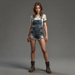 full body pose, grungy alice, torn overalls, short shorts, combat boots, fishnets, beautiful, highly detailed face, true anatomy!, extremely detailed!, digital painting, unreal engine 5, art by tom bagshaw