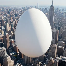 photo of giant egg floating over New York City, aerial view