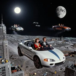 people are driving levitating cars to work in a Russian cyberpunk slum city called Neo Norilsk on the Moon, at night, diverse, lively, black sky full of stars, blinding sun, sci-fi, lots of flying cars, levitation, cyberpunk outfits, photorealistic, grainy, 35mm, intricate, very very beautiful, elegant, smooth, cinematic, Unreal Engine 5, by Beeple, trending on Artstation HD