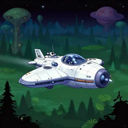 a spaceship that has just landed at a spaceport on a strange alien planet, alien forest in background, from a space themed LucasArts point and click 2D graphic adventure game, made in 2019, high quality graphics