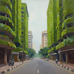 streets of mumbai, future, mossy buildings, high fidelity, oil painting, straight lines