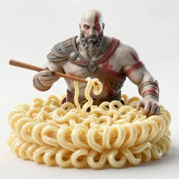 cinematic god of war videogame screenshot but everything is made out of ramen noodles