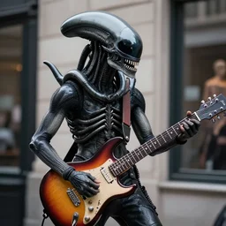 realistic xenomorph with a guitar, street photography, aperture 1. 0, sharp focus