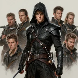 male rogue, gray - green eyes, black assassins clothes, light brown hair, crossbow and sword on his waist | | realistic shaded, fine details, realistic shaded lighting painting by greg rutkowski, diego gisbert llorens, magali villeneuve, artgerm, jeremy lipkin, michael garmash, rob rey