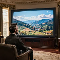 photo of Abraham Lincoln watching a wide-screen television in the oval office