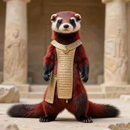 my fursuit is clad in the esoteric gnostic script of the library of hammurabi but my fursona is a weasel ( a red and black stoat to be exact )