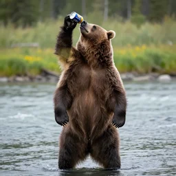 a grizzly bear standing on it’s hind legs chugging a beer, river in background —width 1280