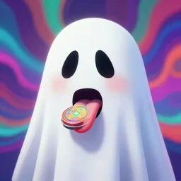 a colorful vibrant closeup portrait of a simple ghost licking a tab of LSD acid on his tongue and dreaming psychedelic hallucinations, by kawase hasui, moebius, Edward Hopper and James Gilleard, Zdzislaw Beksinski, Steven Outram colorful flat surreal design, hd, 8k, artstation