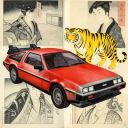 a red delorean x a yellow tiger, art by hsiao - ron cheng & utagawa kunisada in magazine collage style # de 9 5 f 0