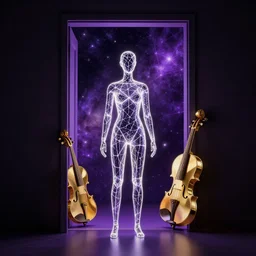 mannequin made of starlight lit with geometric neon + kintsugi, facing a doorway opening to an infinite galaxy of purple geometric light + gold geometric cubed violins!!!, clean linework, dramatic, rule of thirds, moody, award winning, 4 k, trending on artstation, photorealistic, volumetric lighting, octane render
