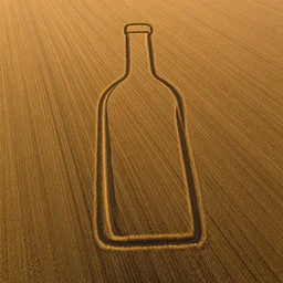 aerial view photography of crop circle forming the shape of wine bottle laying dawn, drawn in the crop