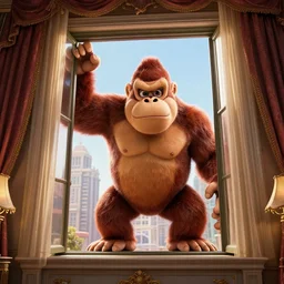 king kong donkey kong peering in a high rise fancy apartment window, beautiful lighting action movie still from inside the apartment