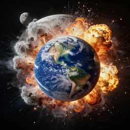 the Moon and the Earth are colliding together in a massive explosion, viewed from space, cinematic lighting, cinematic composition, 4k